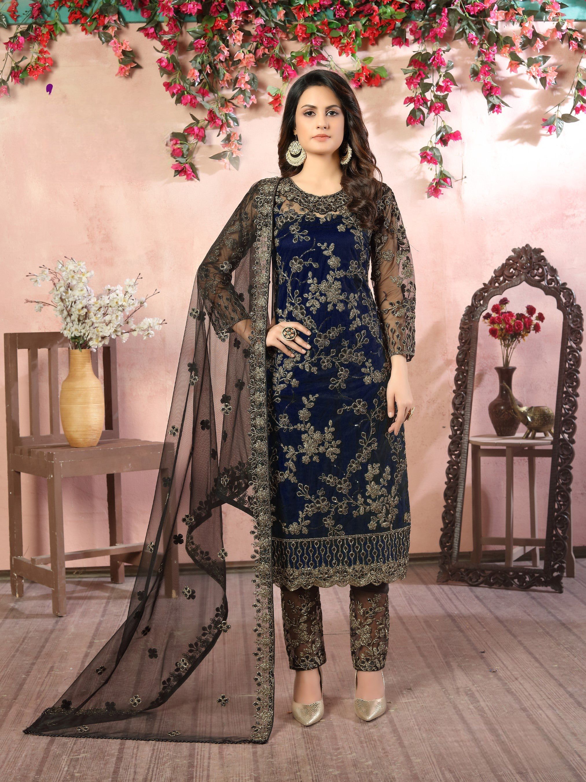 Anaita Navy Blue Embroidered Net Salwar Suit - Distacart