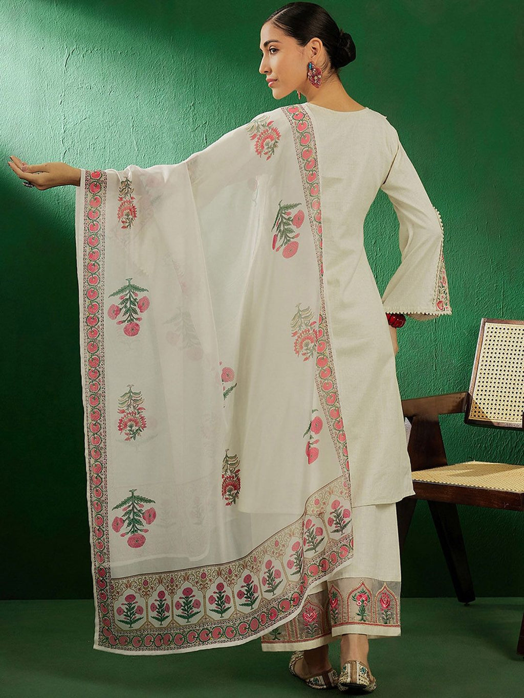 Sangria Off White Floral Embroidered Pure Cotton Kurta With Palazzo & Dupatta