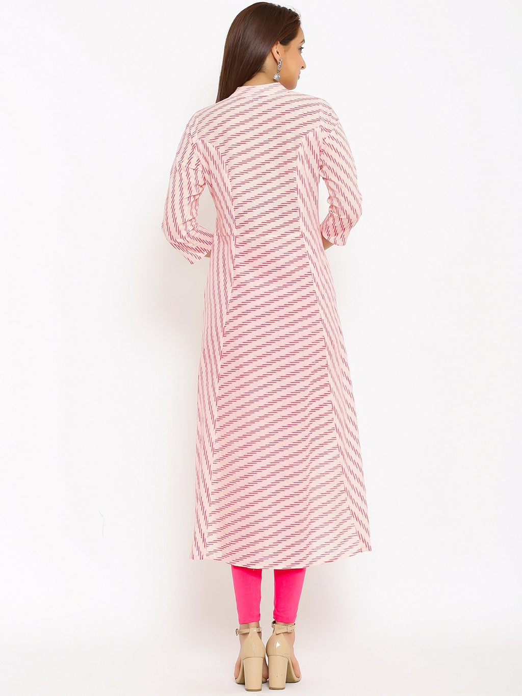 HERE&NOW Pink Mandarin Collar Striped A-Line Kurta
