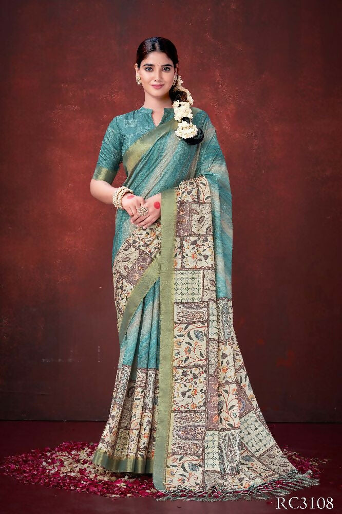 Sky Blue Poly Habotai Silk Foil Print Saree with Unstitched Blouse - Kathari