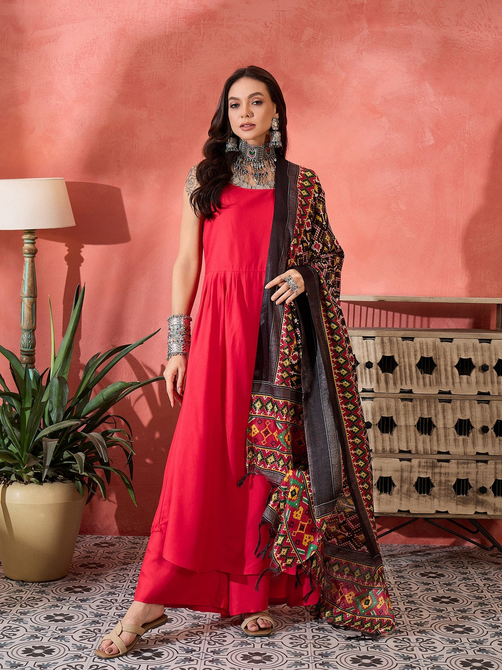 InWeave Red Strappy Kurta Set Black Patola Dupatta
