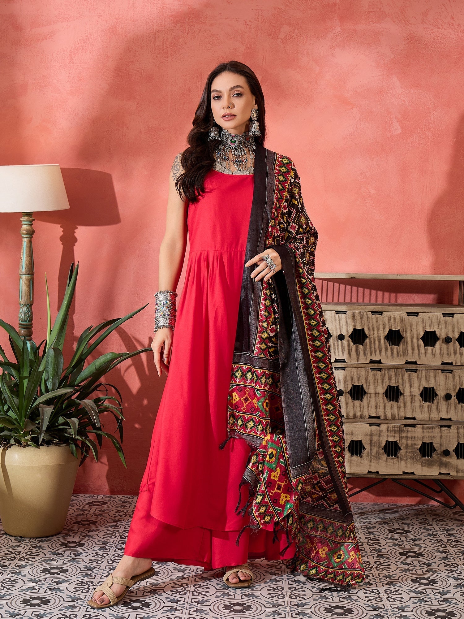 InWeave Red Strappy Kurta Set Black Patola Dupatta