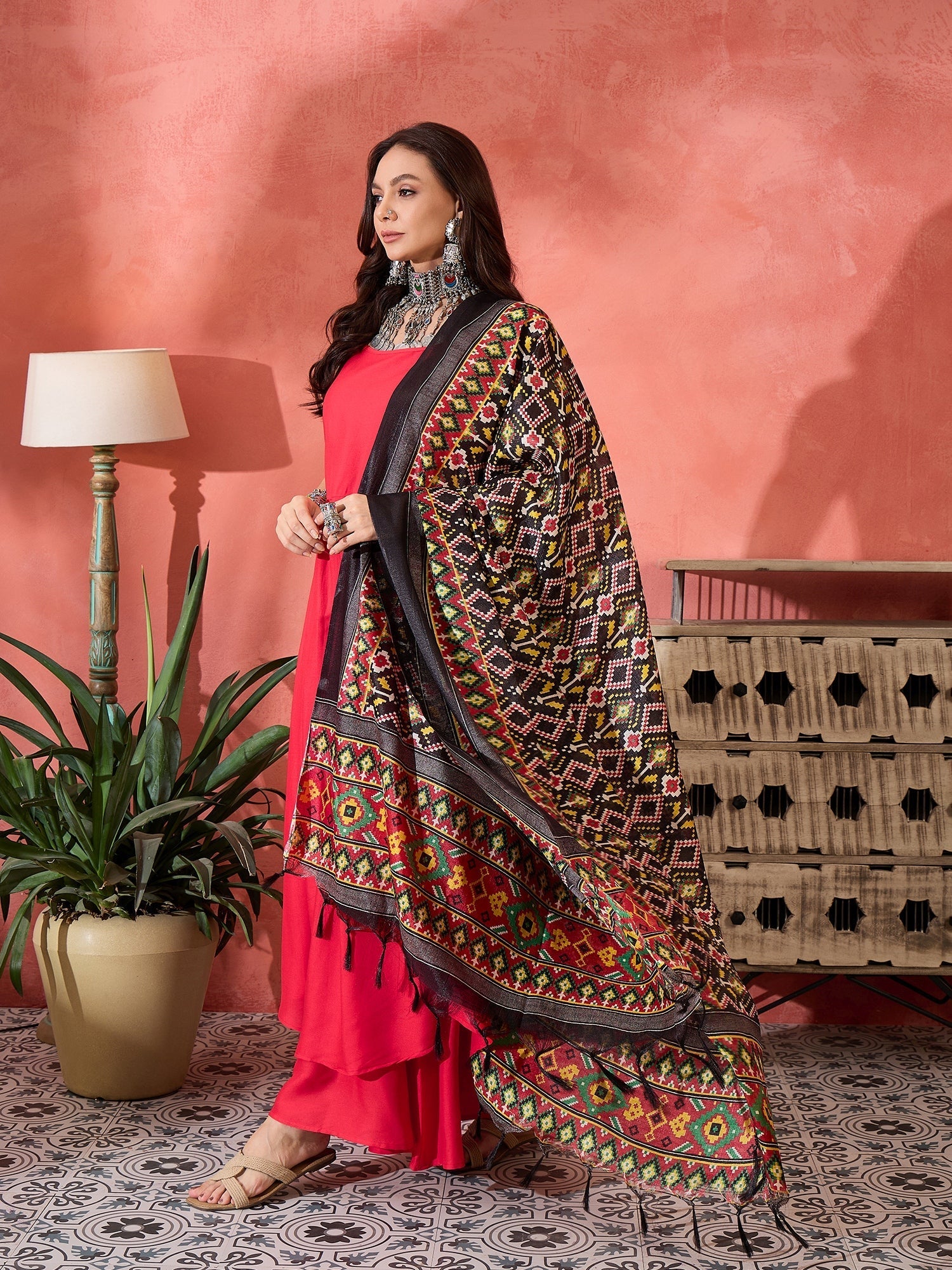 InWeave Red Strappy Kurta Set Black Patola Dupatta