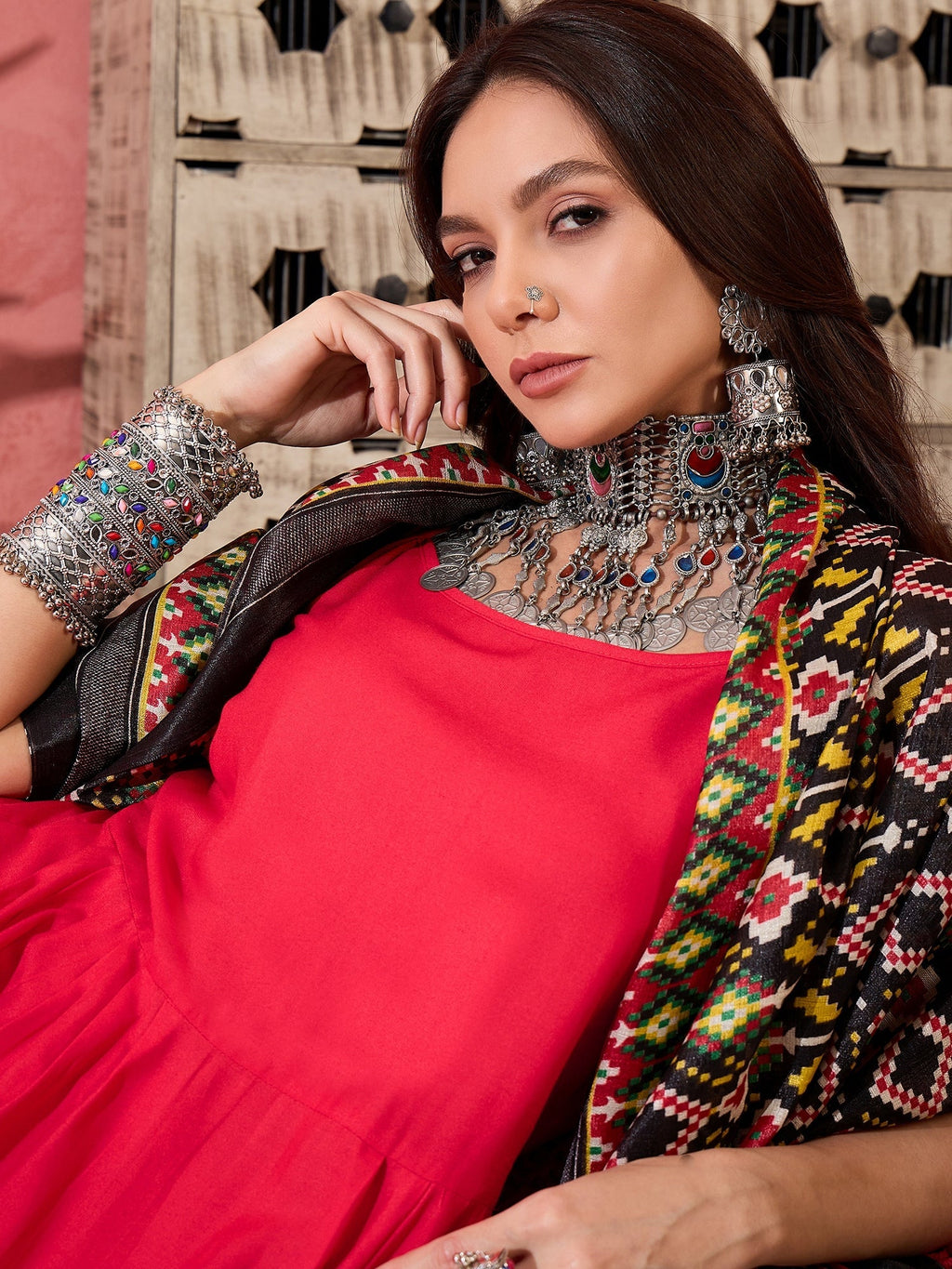 InWeave Red Strappy Kurta Set Black Patola Dupatta