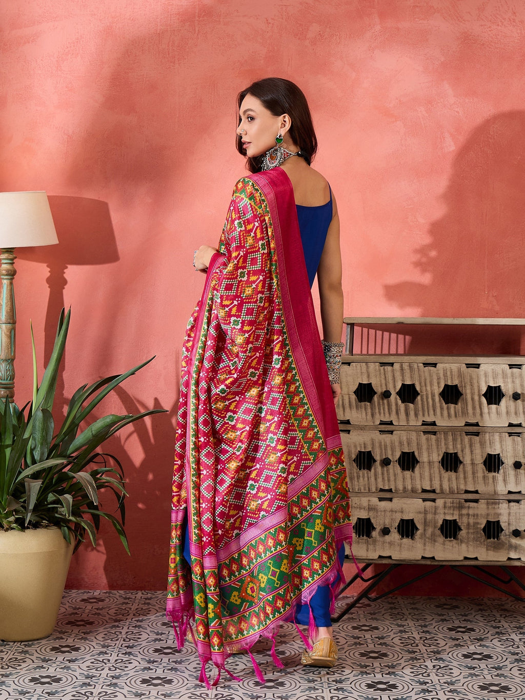 InWeave Ink Blue Strappy Kurta Set Pink Patola Dupatta