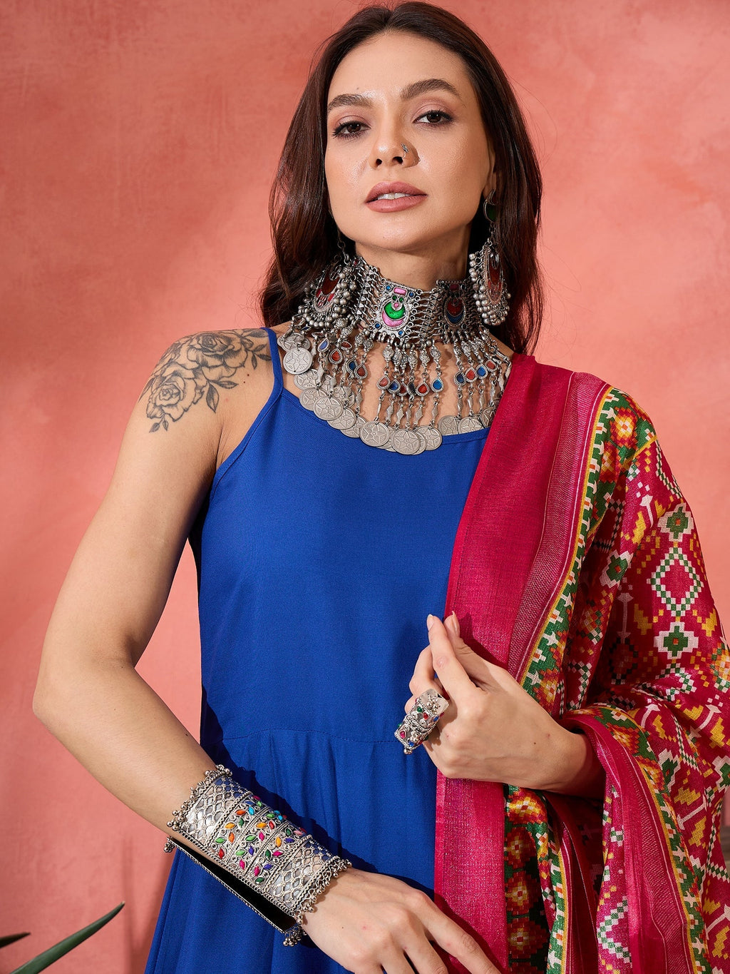 InWeave Ink Blue Strappy Kurta Set Pink Patola Dupatta