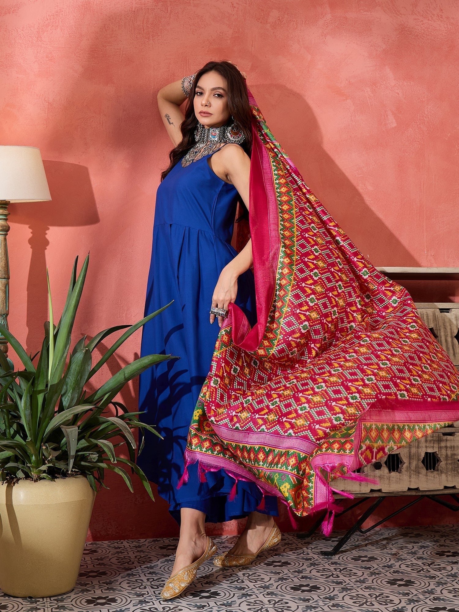 InWeave Ink Blue Strappy Kurta Set Pink Patola Dupatta