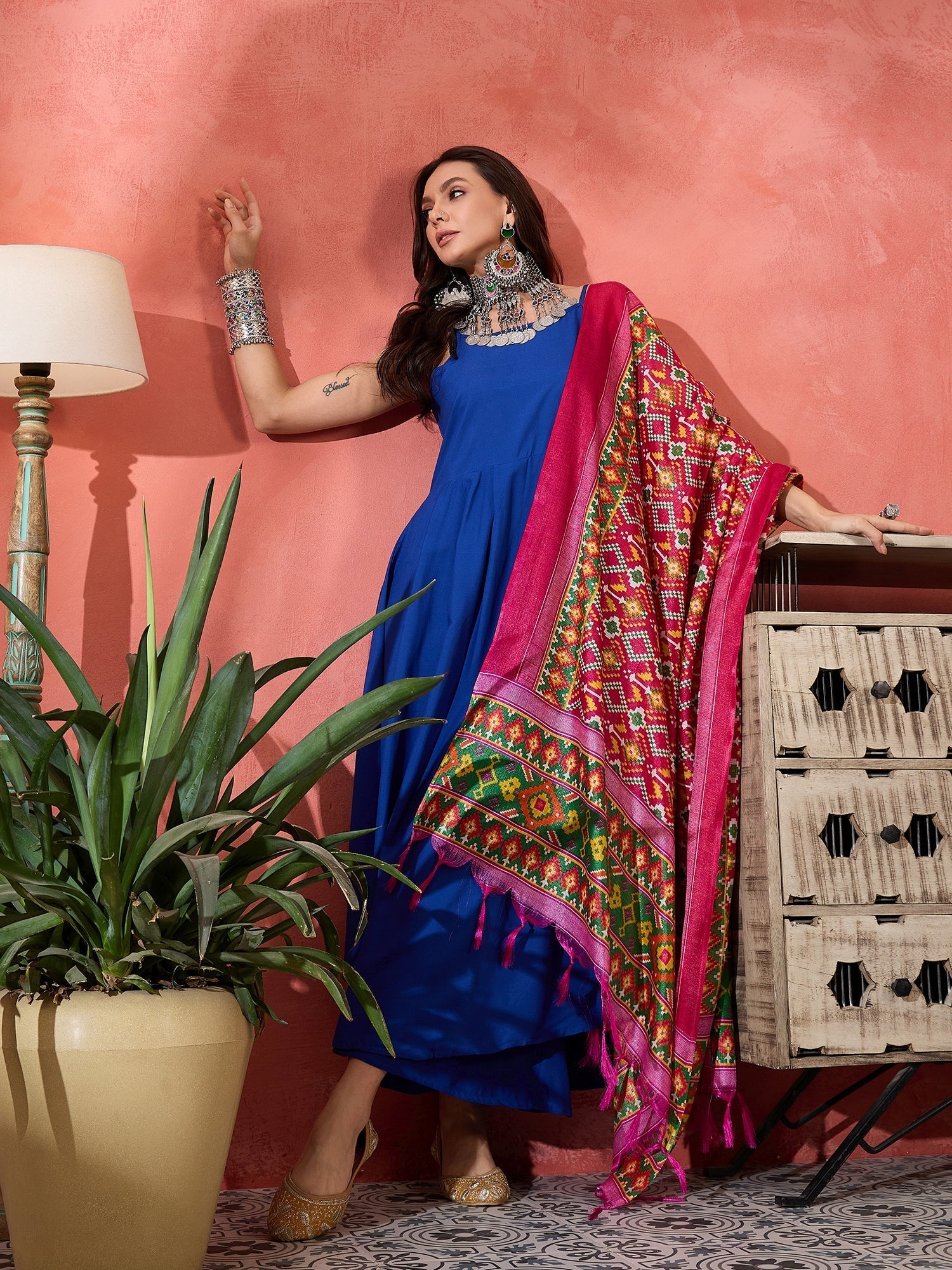 InWeave Ink Blue Strappy Kurta Set Pink Patola Dupatta
