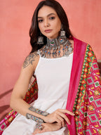 InWeave White Strappy Kurta Set Pink Patola Dupatta - Distacart