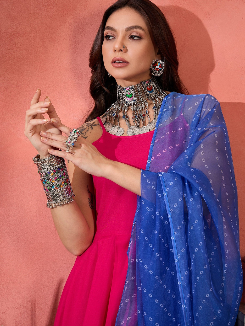 InWeave Fuchsia Strappy Kurta Set Blue Bandhani Or Dupatta
