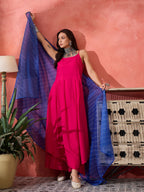 InWeave Fuchsia Strappy Kurta Set Blue Bandhani Or Dupatta