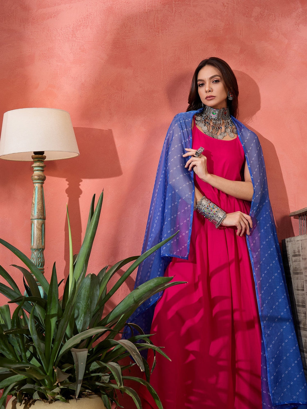 InWeave Fuchsia Strappy Kurta Set Blue Bandhani Or Dupatta