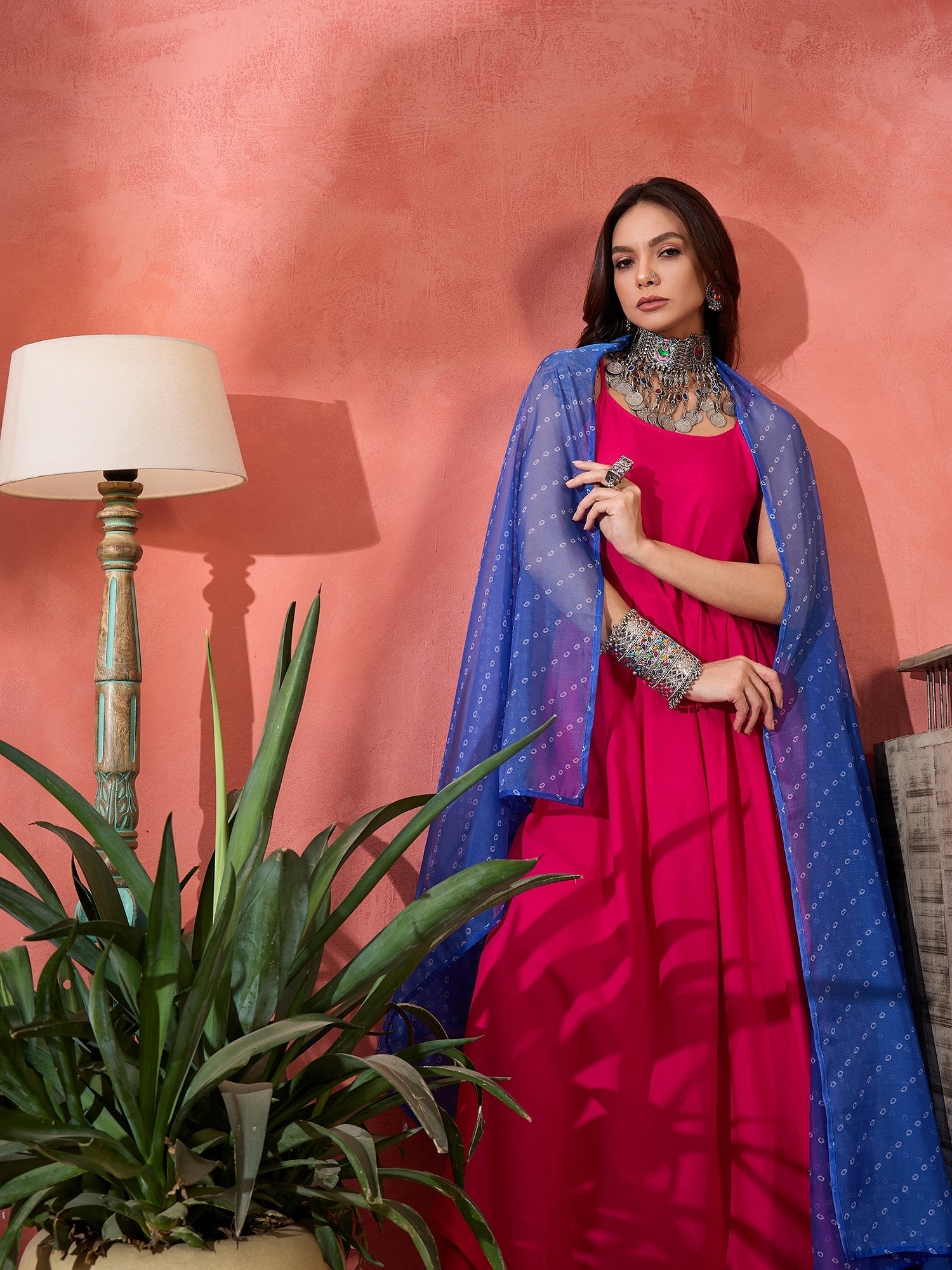 InWeave Fuchsia Strappy Kurta Set Blue Bandhani Or Dupatta