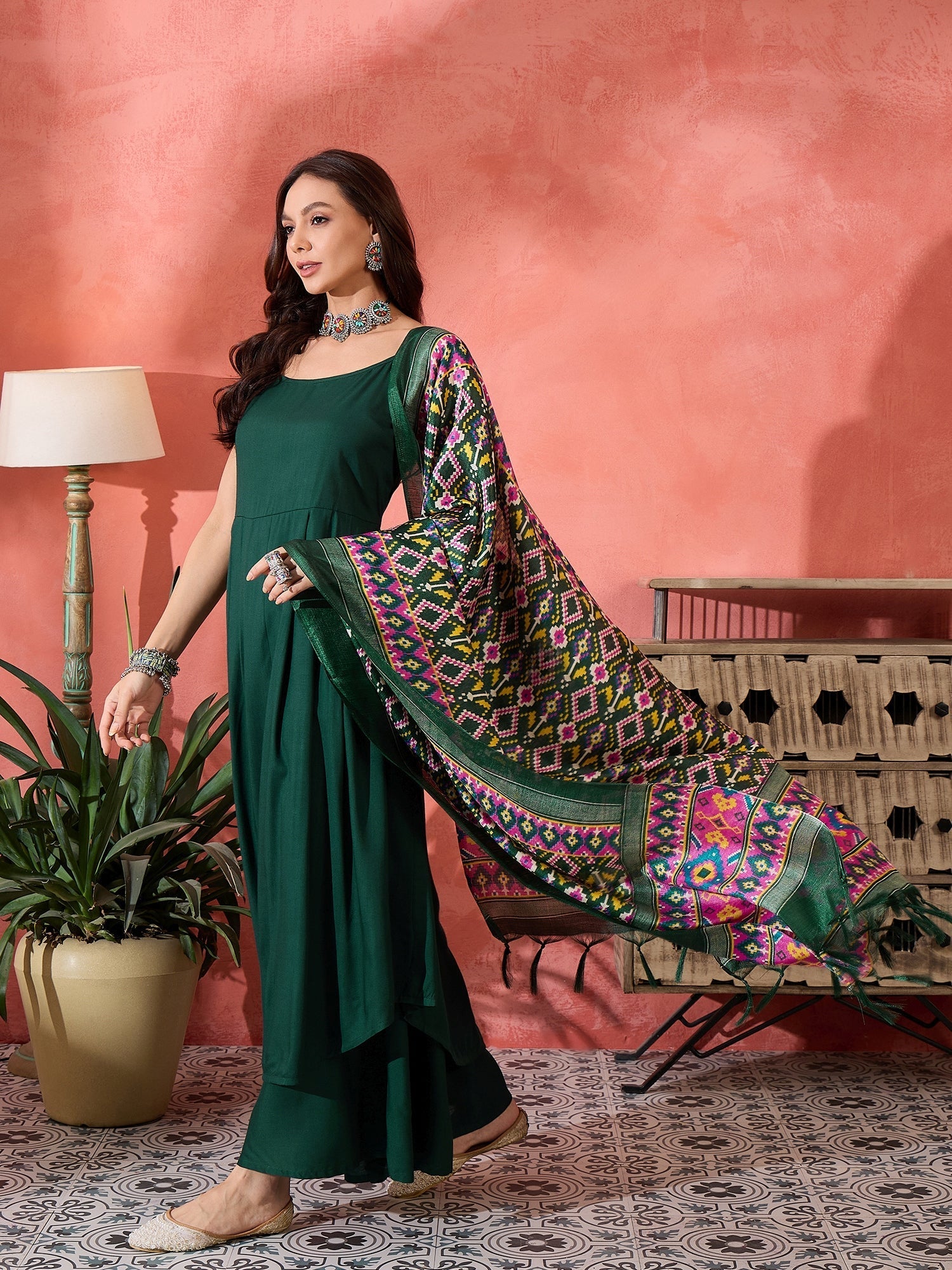 InWeave Green Strappy Kurta Set Green Patola Dupatta - Distacart