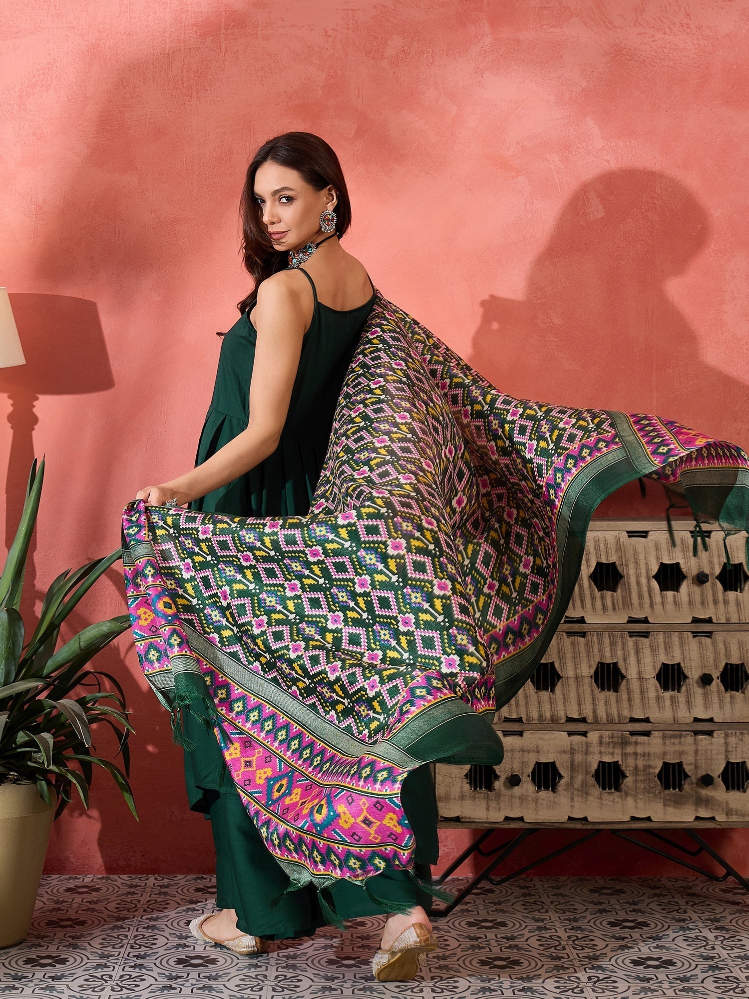 InWeave Green Strappy Kurta Set Green Patola Dupatta - Distacart