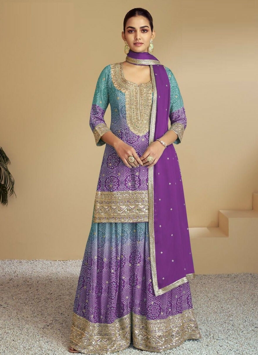 Anaita Purple Digital print with Embroidered Silk Stitched Plazo Suit - Distacart