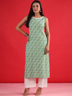 Indo Era Geometric Printed Round Neck Sleeveless Gotta Patti Cotton Straight Kurta - Distacart