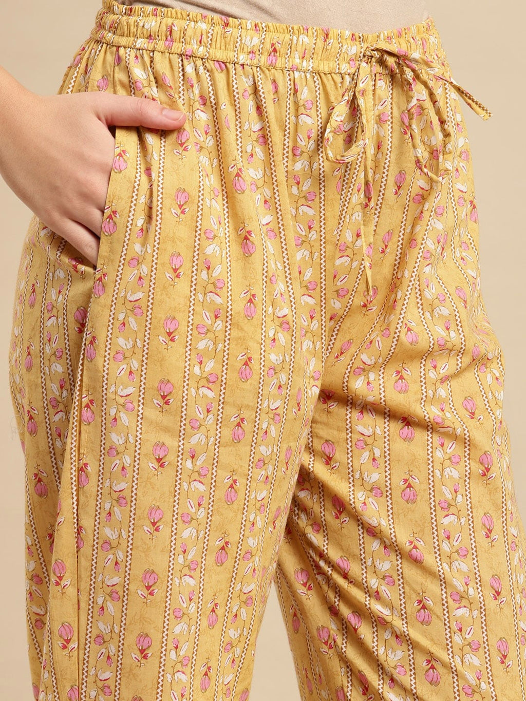 Sangria Yellow & Pink Floral Printed Pure-Cotton Straight Kurta With Trouser & Dupatta