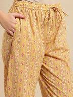 Sangria Yellow & Pink Floral Printed Pure-Cotton Straight Kurta With Trouser & Dupatta