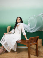 Sangria White Ethnic Motifs Printed Angrakha Kurta With Trouser & Dupatta