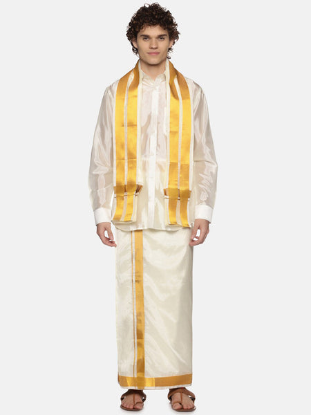 Sethukrishna Men Cream Solid With Angavastram