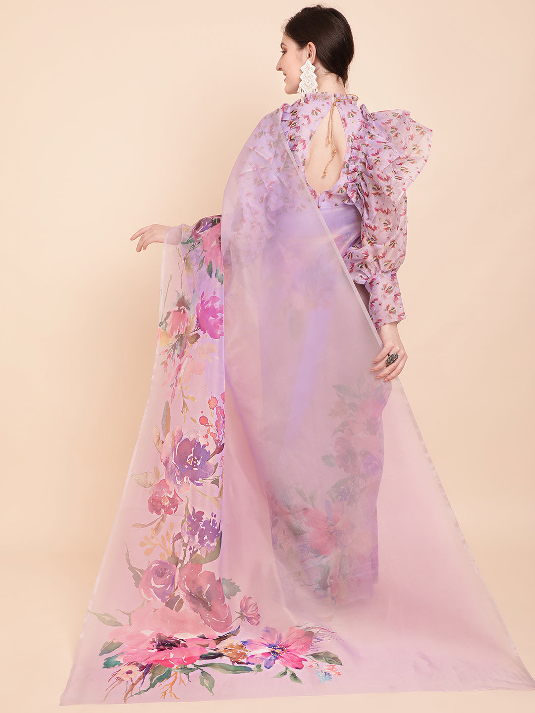 Sangria Lavender & Green Floral Organza Saree - Distacart