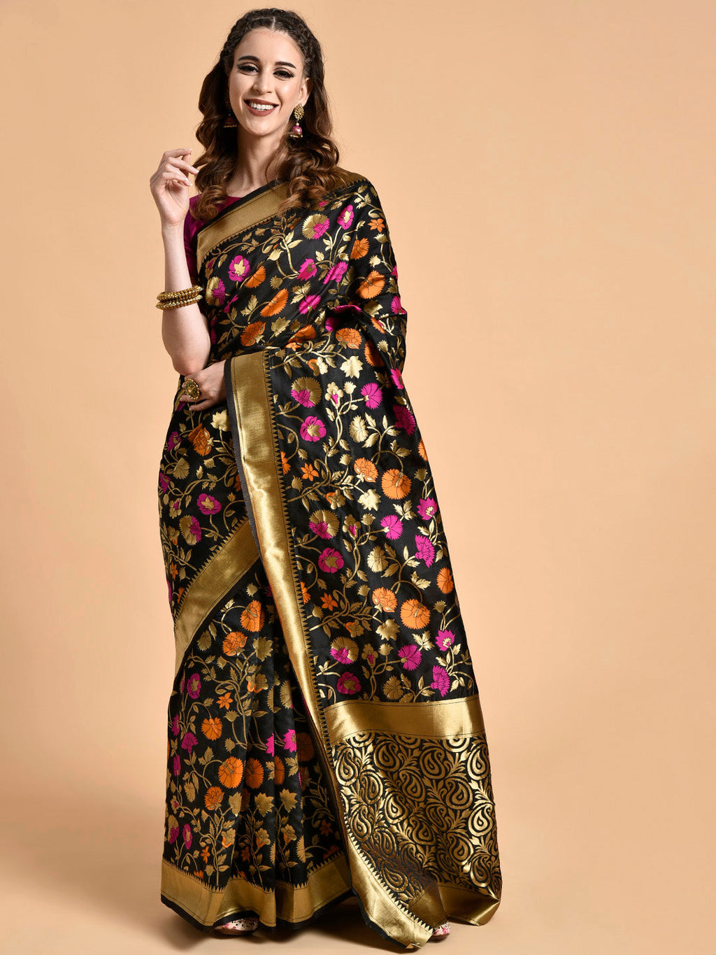 Sangria Black & Pink Floral Zari Silk Blend Banarasi Saree