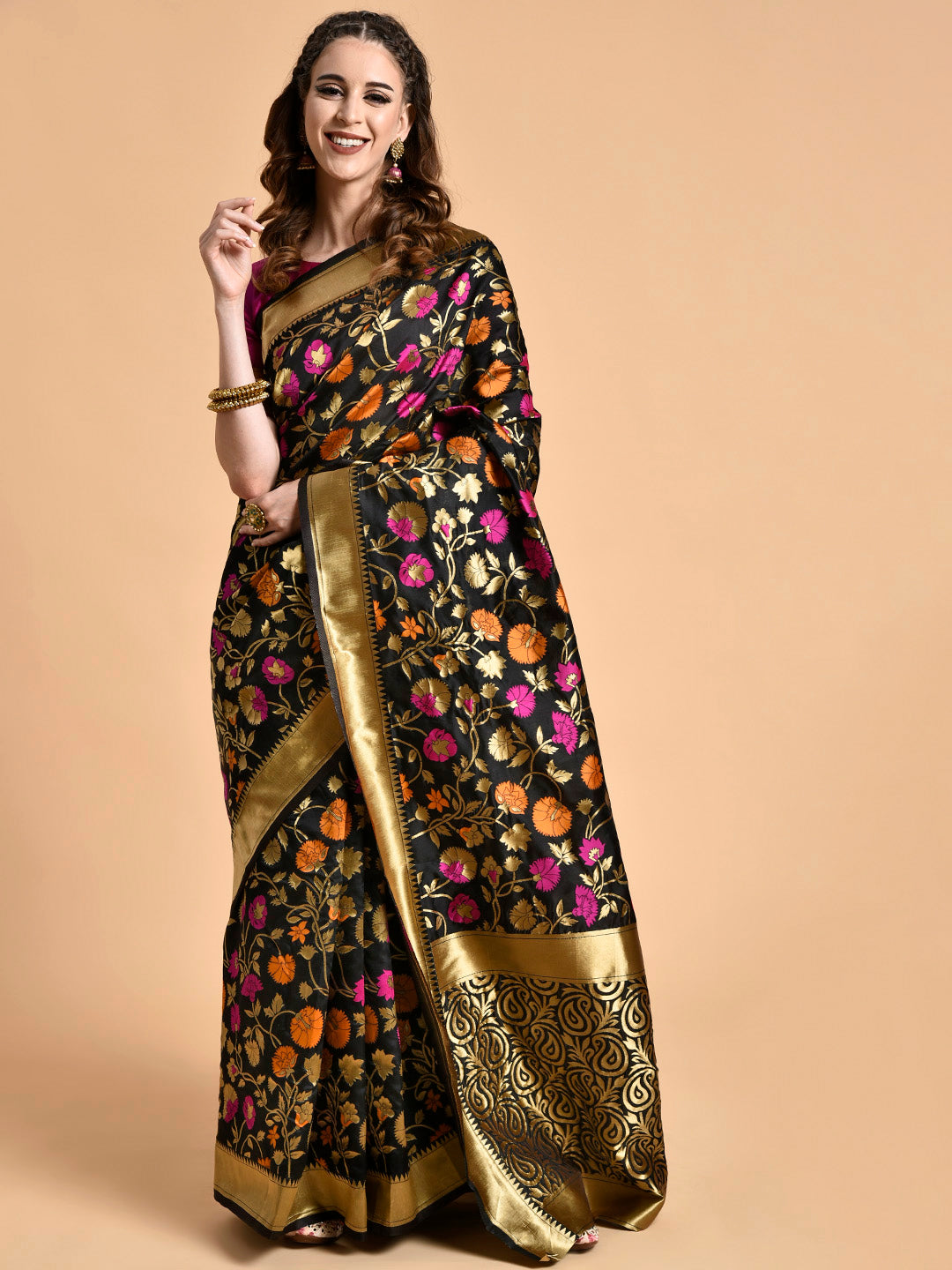 Sangria Black & Pink Floral Zari Silk Blend Banarasi Saree