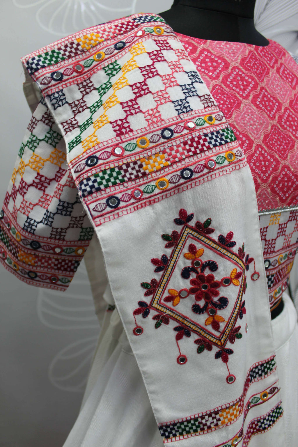 White Jacqard Cotton Thread Embroidered Navratri Lehenga Choli with Dupatta - Raas