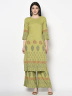 Aniyah Rayon Parrot Green Color Block Print Straight Kurta (AN-198K)