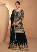 Black Real Chinnon Embroidered Wedding Festive Palazzo Suit - Emponline
