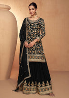 Black Real Chinnon Embroidered Wedding Festive Palazzo Suit - Emponline