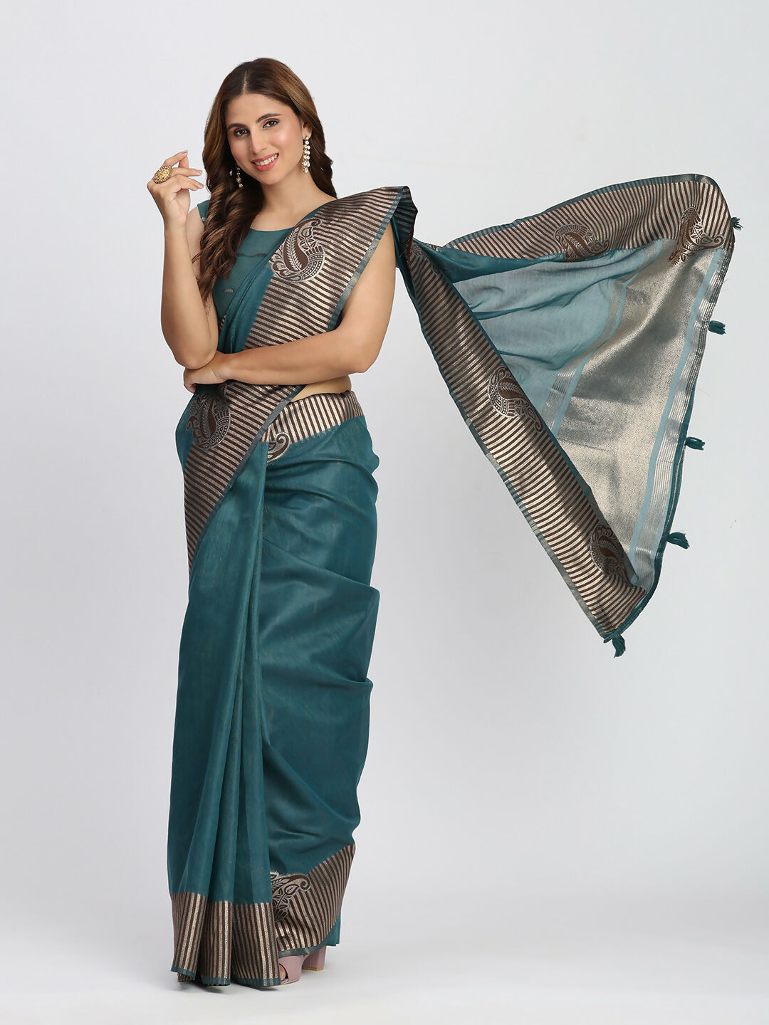 Shree Shyam Fashion Linen Cotton Sea Green Saree - Distacart
