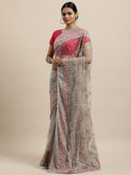 kasee Grey & Fuchsia Floral Embroidered Net Heavy Work Saree - Distacart