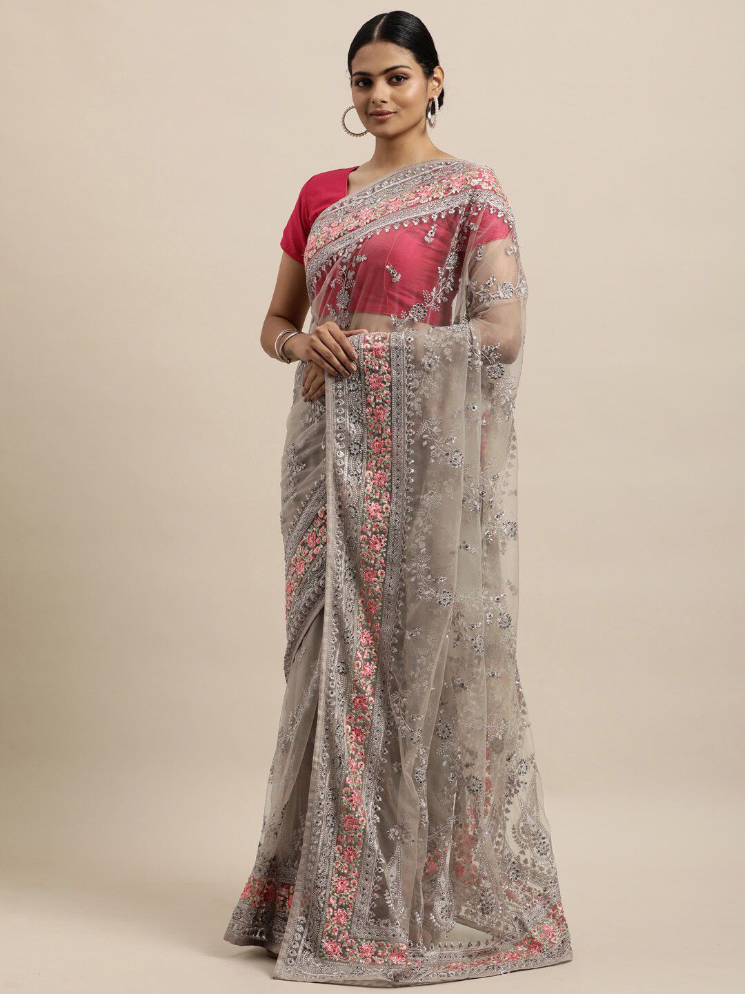 kasee Grey & Fuchsia Floral Embroidered Net Heavy Work Saree - Distacart