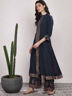 Sangria Women Navy Blue & Gold-Coloured Printed Kurta with Palazzos