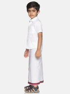 Sethukrishna Boys White & Red Pure Cotton Solid Shirt and Veshti Set