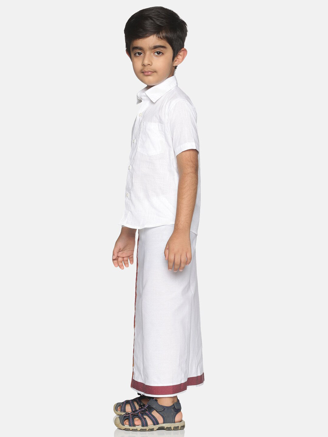 Sethukrishna Boys White & Red Pure Cotton Solid Shirt and Veshti Set