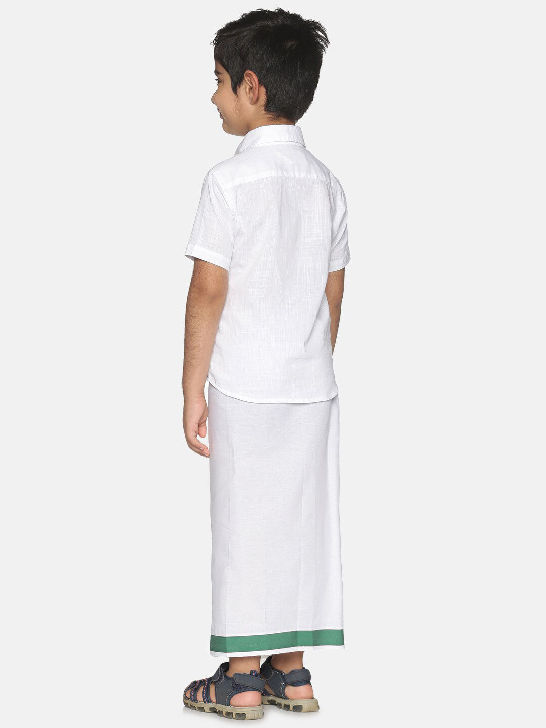 Sethukrishna Boys White & Green Pure Cotton Shirt with Dhoti