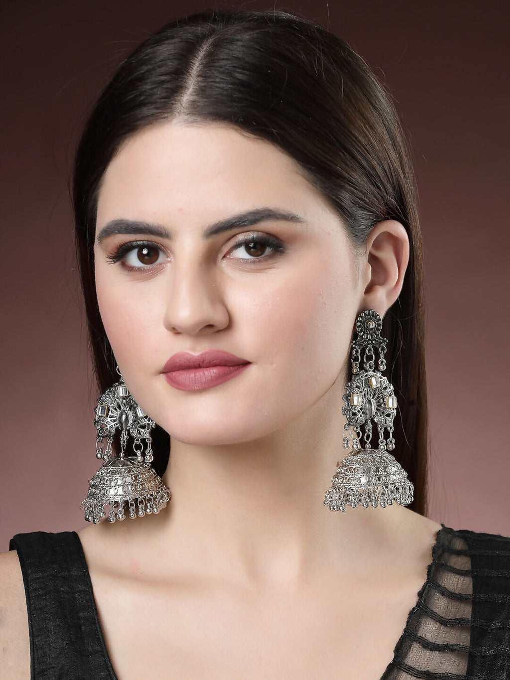 NVR Women's Silver Plated Mirror Work Oxidised Contemporary Jhumka Earrings - Distacart