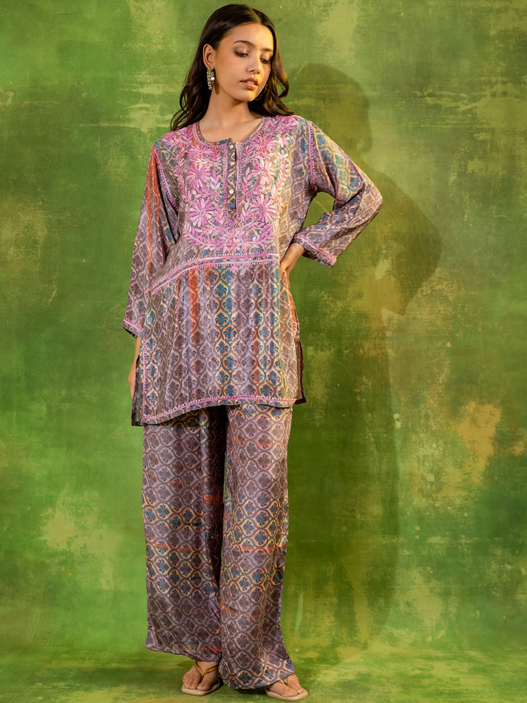 HOUSE OF KARI Floral Embroidered Regular Chikankari Straight Kurta with Palazzos