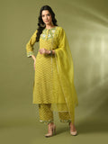 Myshka Women's Yellow Printed Cotton Straight Party Kurta Set With Dupatta