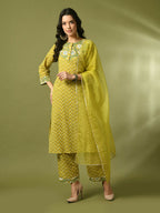 Myshka Women's Yellow Printed Cotton Straight Party Kurta Set With Dupatta