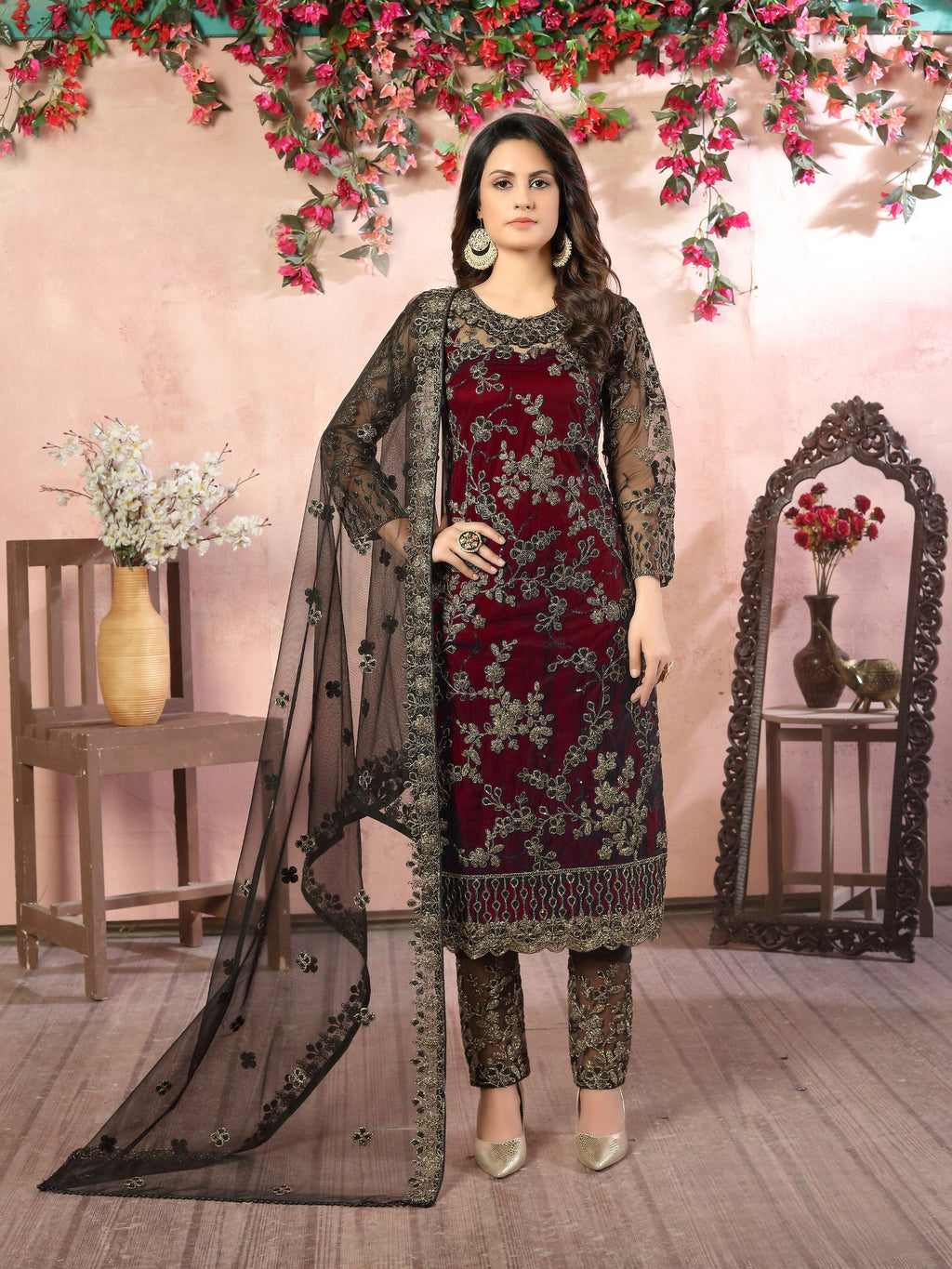 Anaita Maroon Embroidered Net Salwar Suit - Distacart