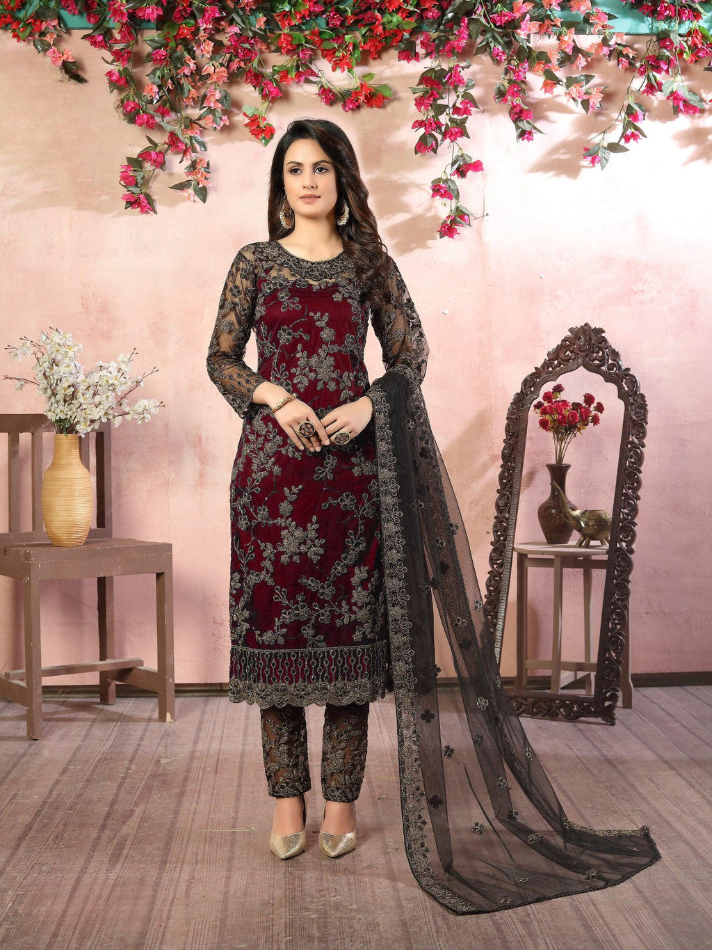 Anaita Maroon Embroidered Net Salwar Suit - Distacart