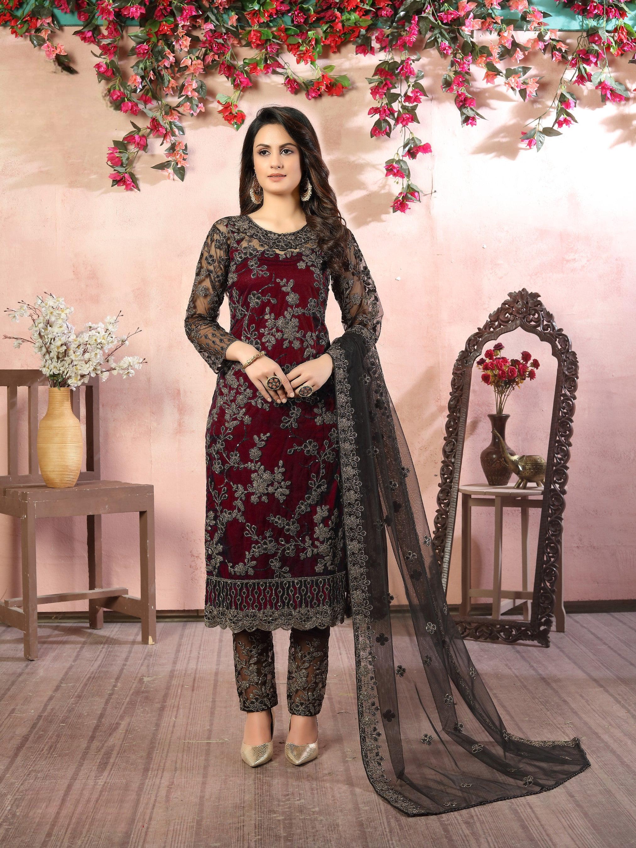 Anaita Maroon Embroidered Net Salwar Suit - Distacart