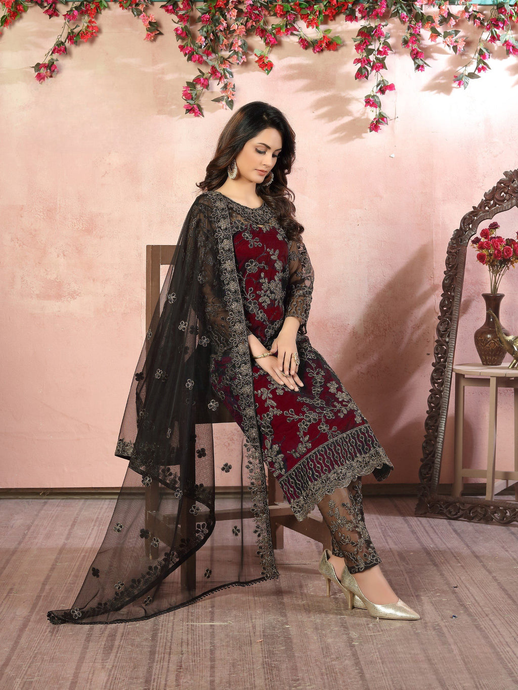 Anaita Maroon Embroidered Net Salwar Suit - Distacart