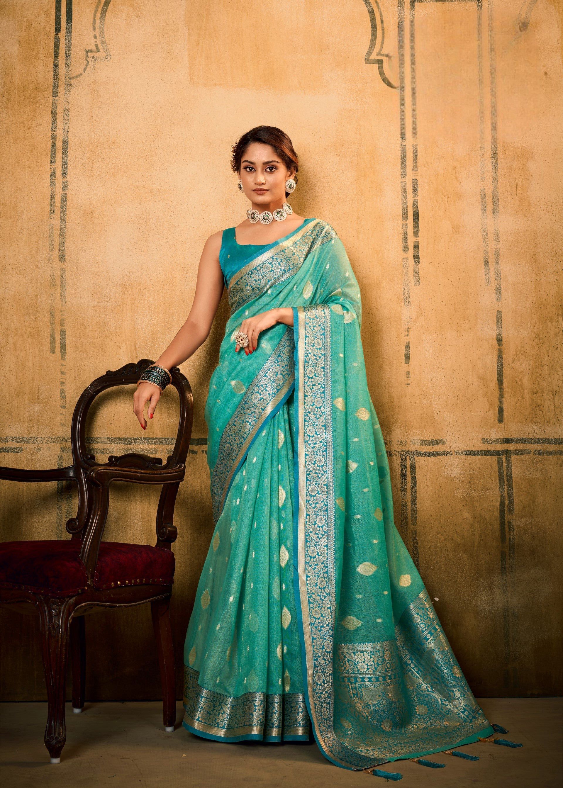 Anaita Turquoise Soft Tussar Silk With Kalamkari Weaving Saree With Blouse - Distacart
