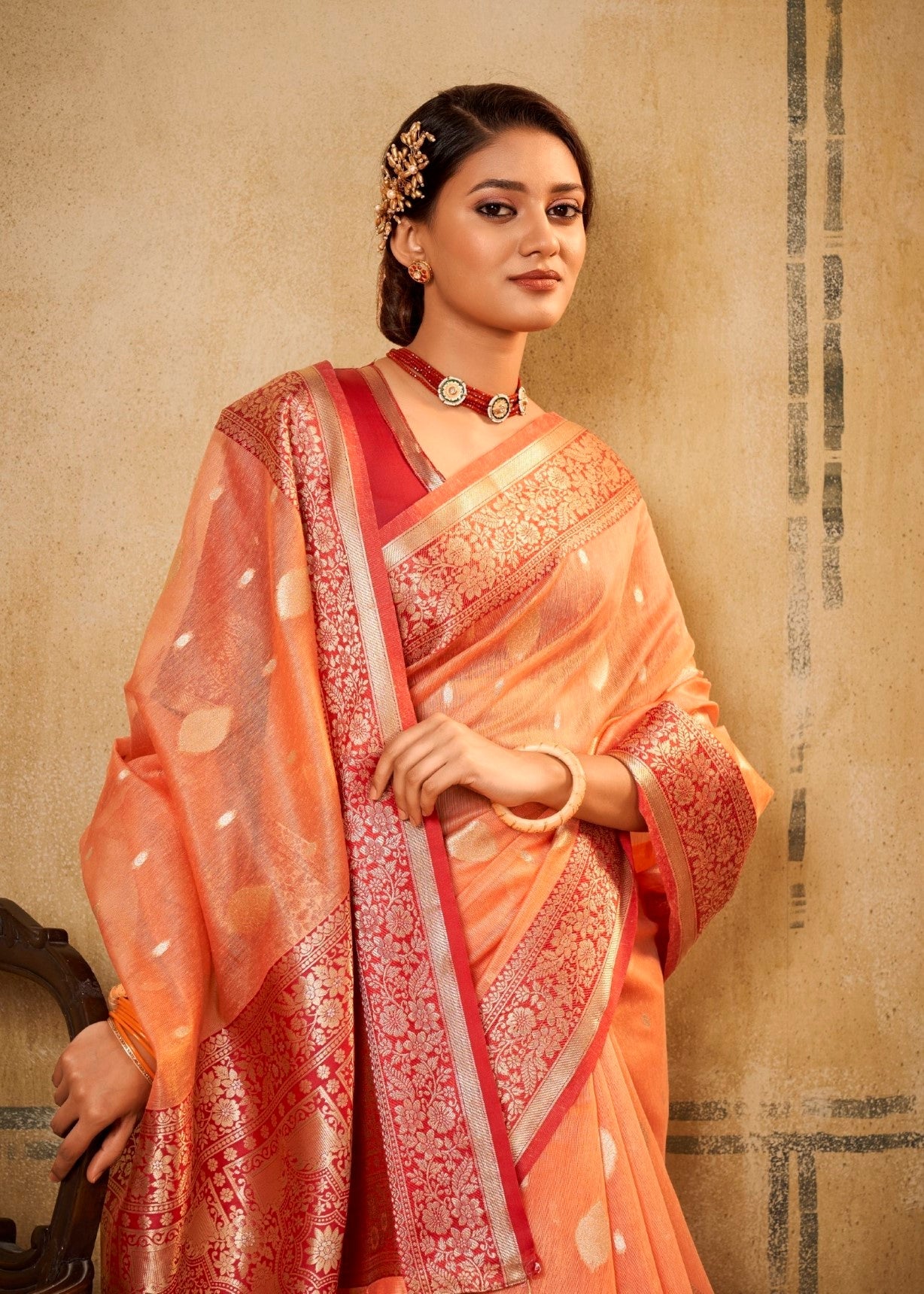 Anaita Orange Soft Tussar Silk With Kalamkari Weaving Saree With Blouse - Distacart