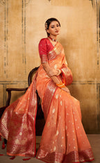 Anaita Orange Soft Tussar Silk With Kalamkari Weaving Saree With Blouse - Distacart